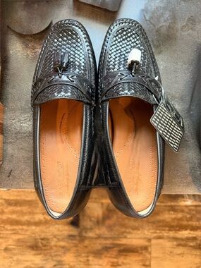 Black Woven Leather Tassel Slip-On Loafers for Men